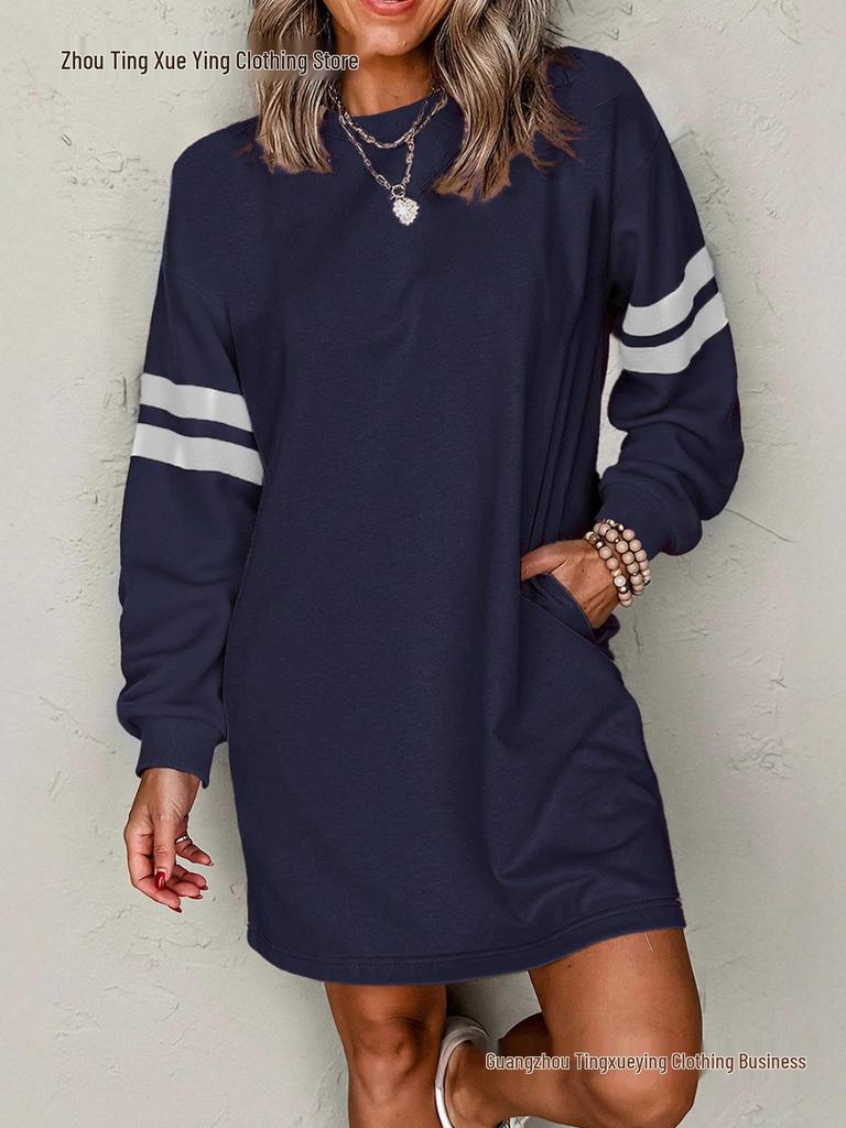 Striped Color Block Drop Shoulder Women's Casual Loose Pullover Dress for Autumn/Winter
