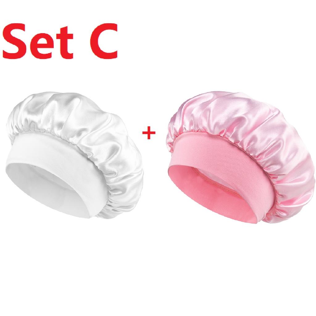 Women's Wide-brimmed Night Sleep Hair Caps Silky Bonnet Nightcap Elastic Headband Satin Head Cover Hat Shower Cap for Curly Hair