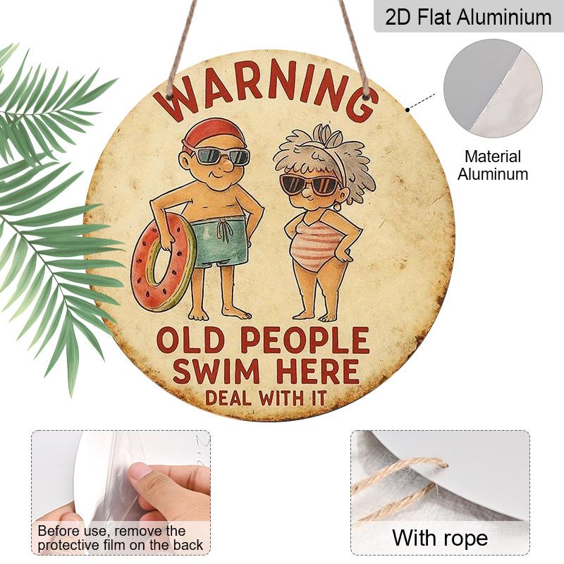 2D Flat 1pc, 8x8 In, Elderly Swimming Warning Aluminum Metal Sign - Vintage Swimming Pool Decor with Funny Elderly People Design, Rustic Iron Wall
