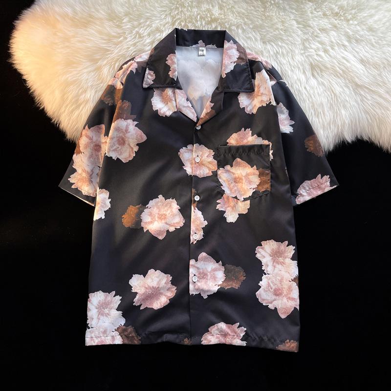 Unisex Vintage Kubakrage Blomsterskjorte - Løs passform, Hong Kong-stil, Kort erm, Perfekt for strand og par