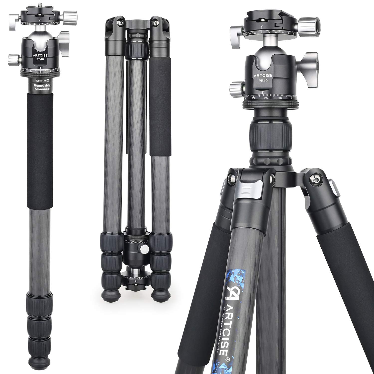 

ARTCISE Дорожный штатив из углеродного волокна с гайкой, выдвижной 185 см, полнопанорамная 40-мм шаровая головка с низким центром, быстросъемной площадкой и совместимый со штативом чёрный