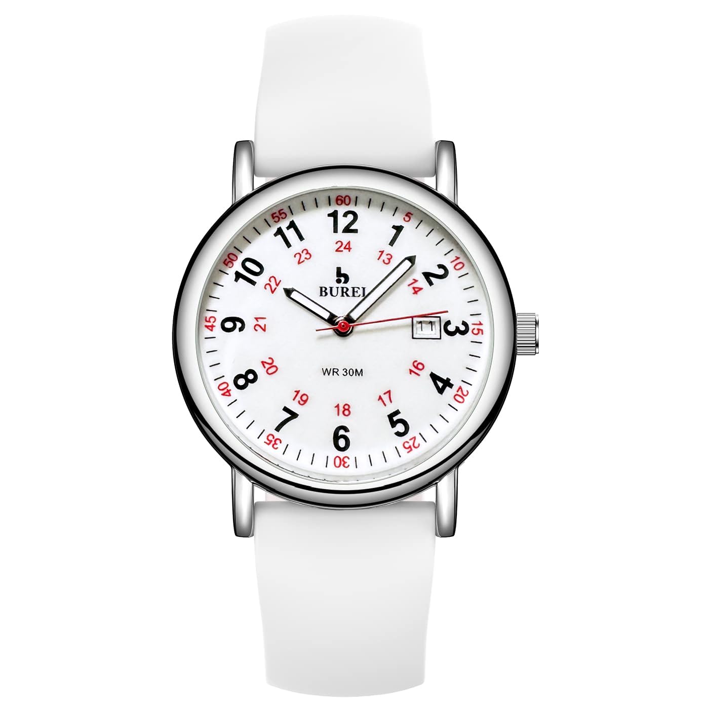 

Аналоговые силиконовые часы для медсестры [BUREI] Наручные часы, Дисплей, Кварцевые, Водонепроницаемые, 24-часовой формат отображения, Дата, Популярные, Люминесцентные, Легко читаемый циферблат, Ремешок, белый