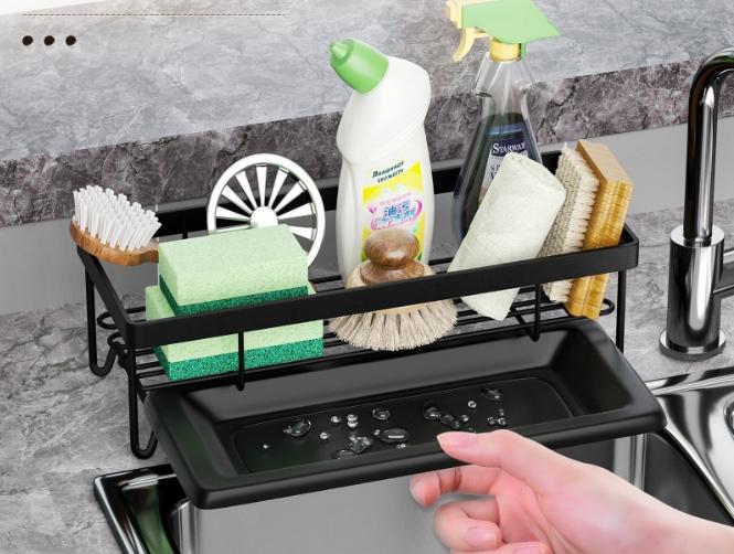 Organizer Basket Shelf for Sink with Drainer for Sponges, Black Washing Liquid