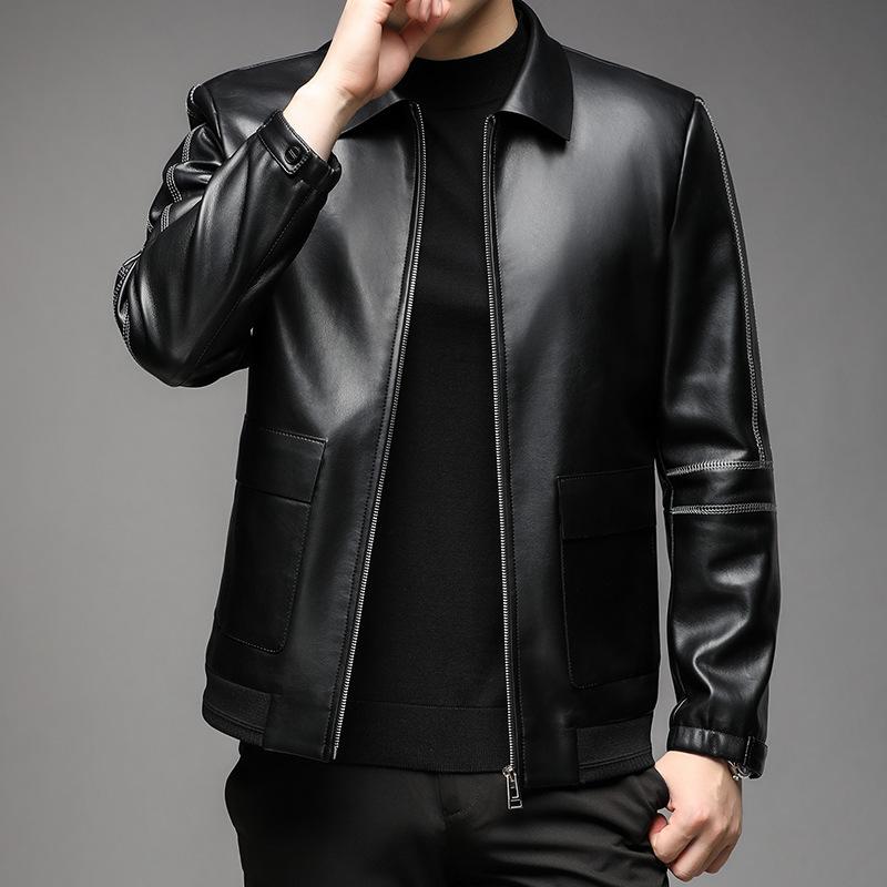 Leather Jacket Men's Lapel Motorcycle Leather Jacket Winter Sheepskin Casual Middle-aged Large Pocket Coat