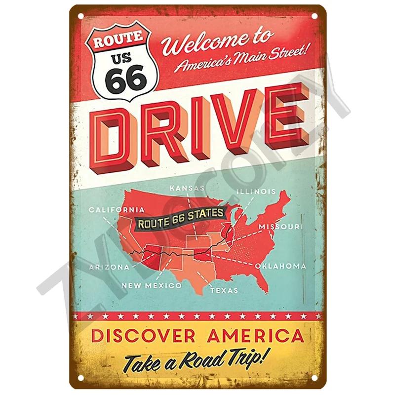 Route 66 Metal Sign House Plaque Metal Poster Tin Sign Plate Wall Posters Vintage Retro Aesthetic Room Decor Wall Art Decoration