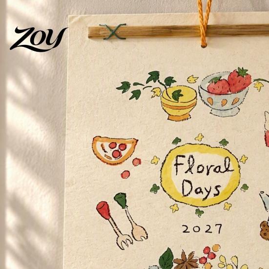 Aesthetic Wall Hanging Decor 2027 Calendar with Wind And Flower Illustrations, Hand-Painted Retro Linen Hand Painted Texture Paper, 12 Month