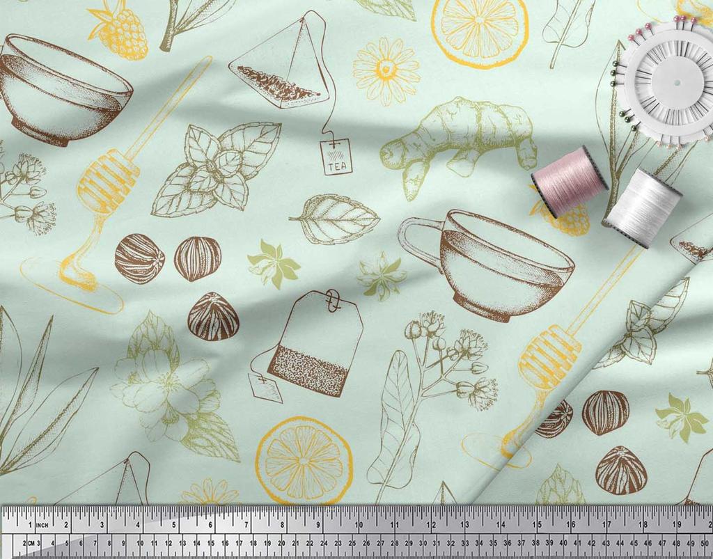 Soimoi Blue Poly Crepe Fabric Tea Cup|Star Anise & Lemon Slice Vegetable Fabric Prints By Yard 42 Inch