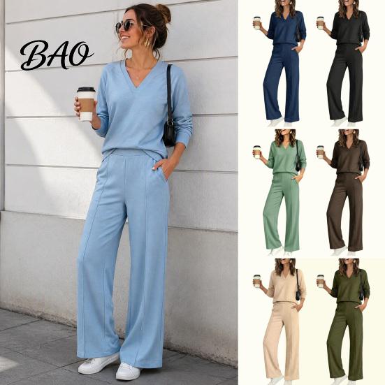 Women Gym Clothing Sweatshirt Pants 2-Piece Set, V-Neck Long Sleeve Top & Wide Lounge Sets Leg Trousers with Elastic Waist, Solid Color Matching