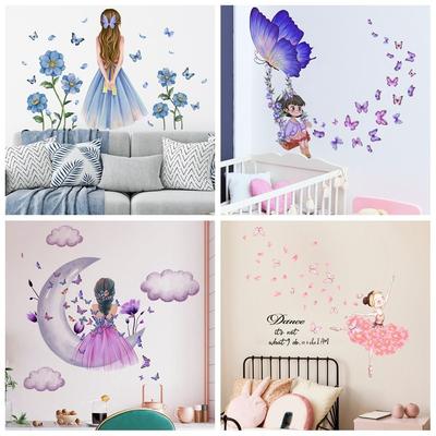 Heimdeko Geschenk Prinzessin Wandaufkleber Mädchen auf dem Mond Schmetterling Blume Abziehbilder Wandbild Kunst Schlafzimmer Wohnzimmer Selbstklebend