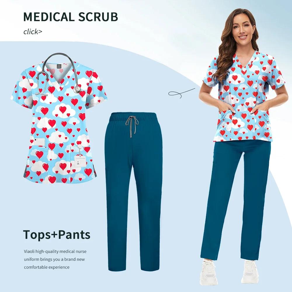 Printed Scrub Uniform Set V Neck Short Sleeves Pockets Top Medical Soft Scrub Pants Sets Nurse Surgical Uniforms Woman
