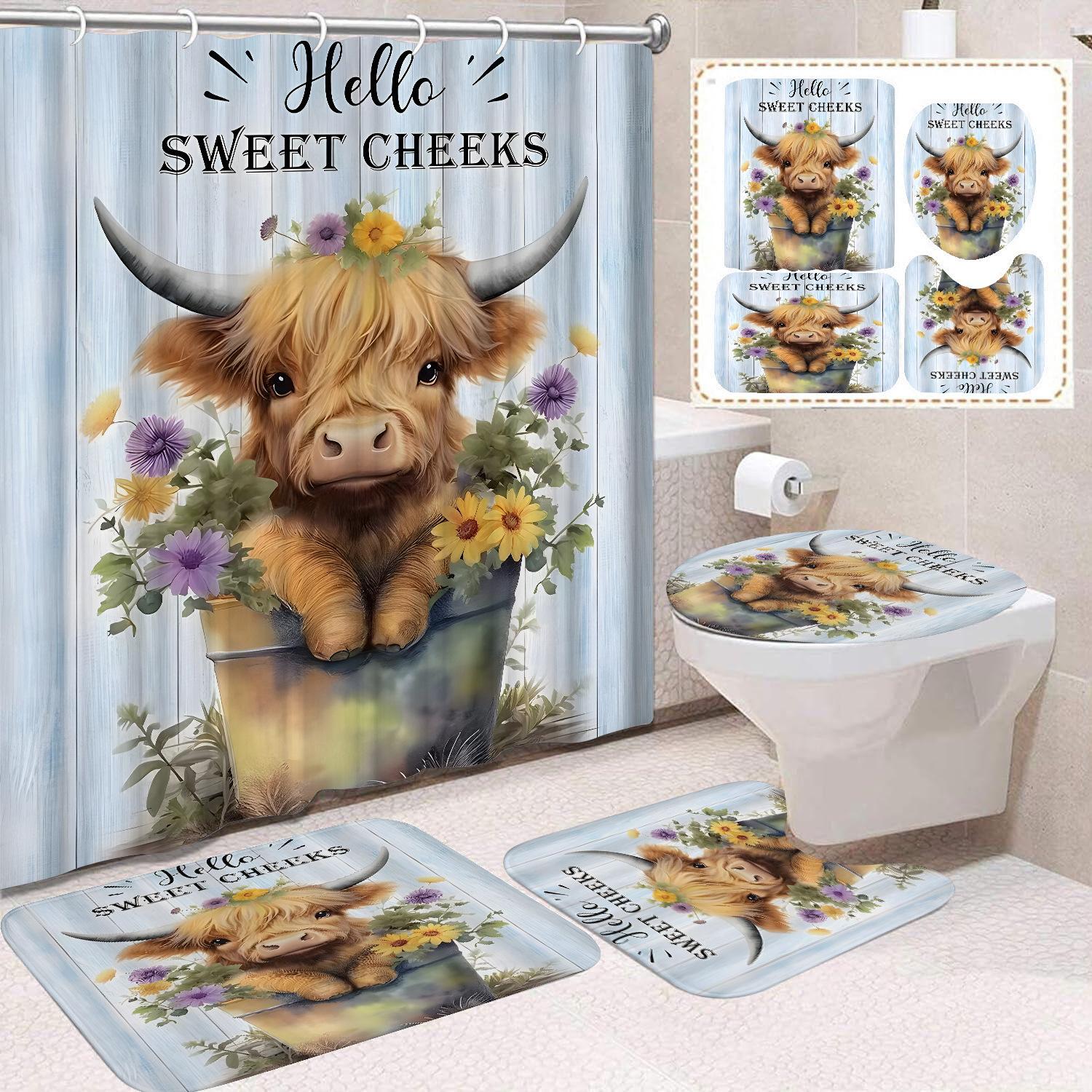 

Cute Highland Cattle Printed Shower Curtain Waterproof Durable Polyester Bath Curtain For Home New Year Christmas Bathroom Decor W60H190(CM)-1 Pcs