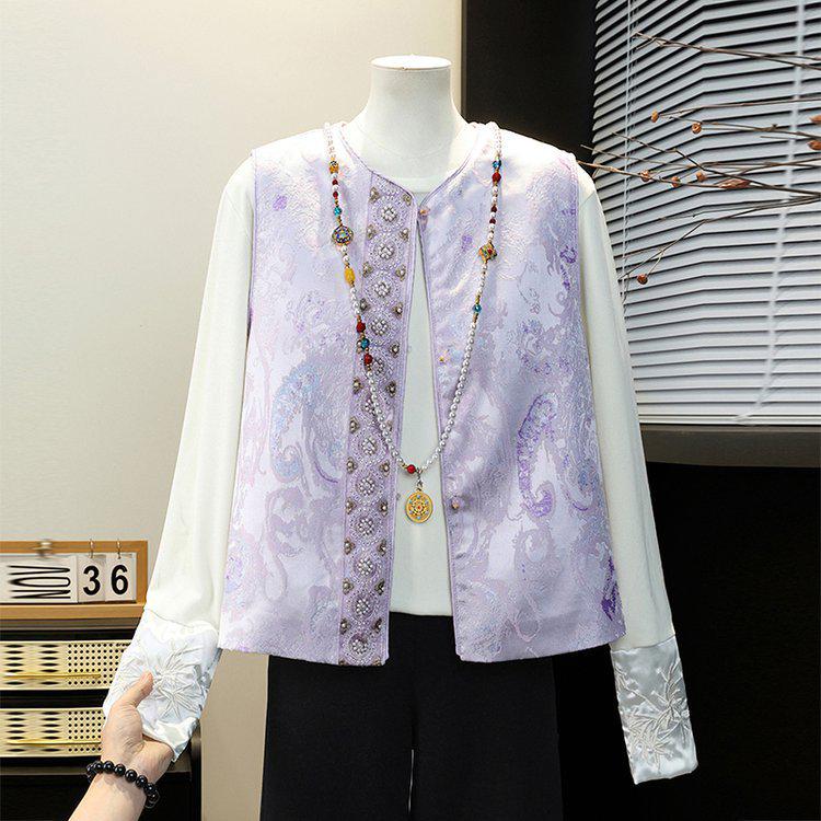 

Chic Embroidered Spring Vest: Elegant Frog Button, Stand-Up Collar for Middle-Aged & Elderly Women Large фіолетовий