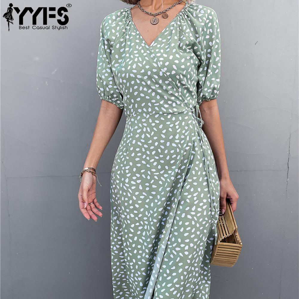 YYFS Damenmode Sommer Frühling Blumenmuster Druck Kurzarm V-Ausschnitt Hohe Taille Freizeitkleider