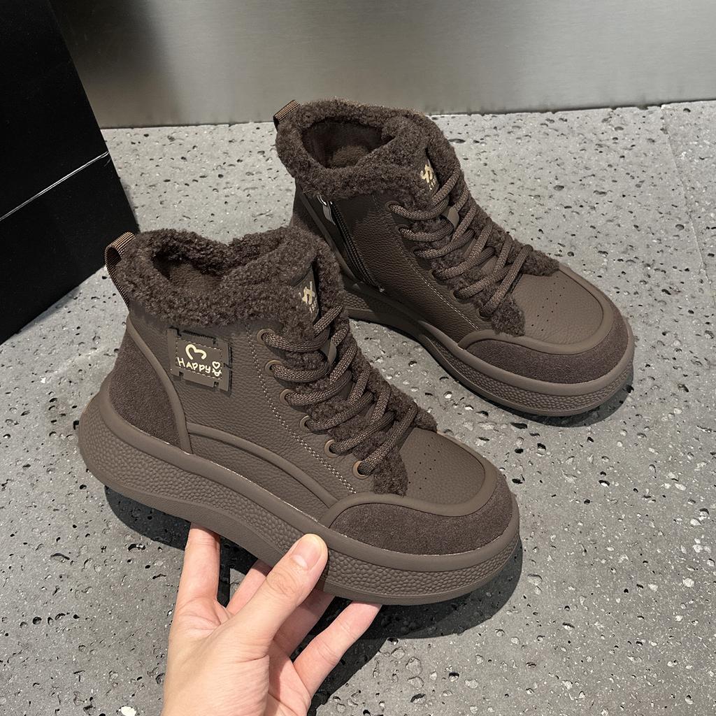 Leather retro fluffy high-top shoes women's new winter velvet women's shoes platform sports casual board shoes