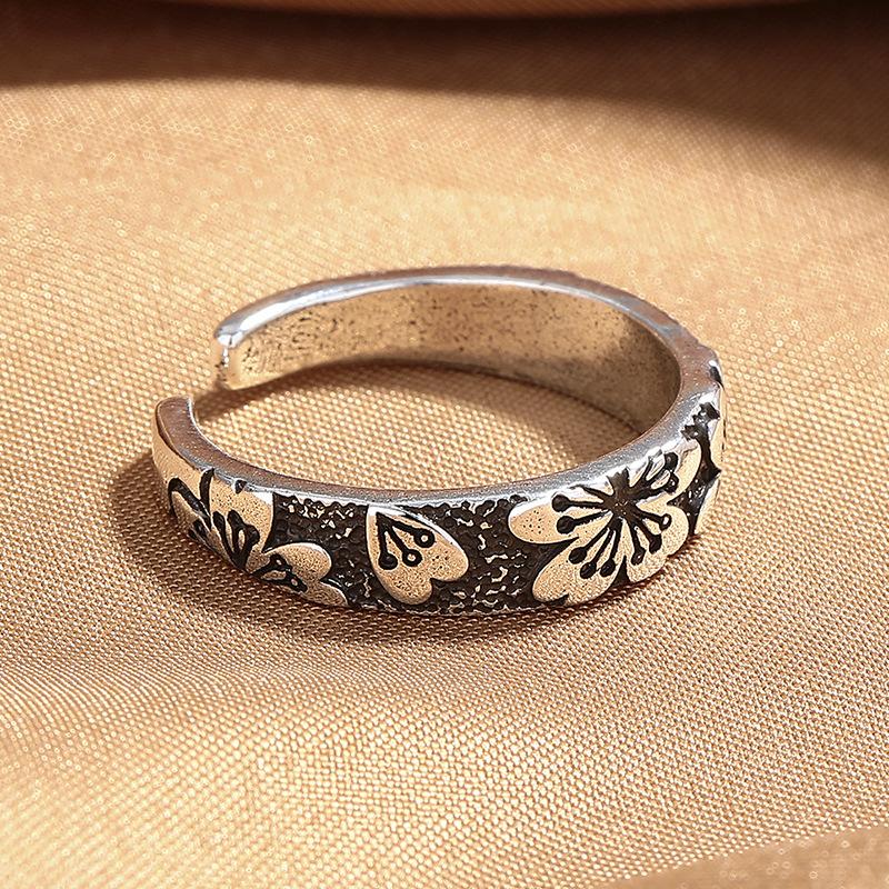 2026 Chinese Style Retro Niche Design Cherry Blossom Ring Silver-plated Men's and Women's Personalized Single Opening Adjustable Ring Plain Ring