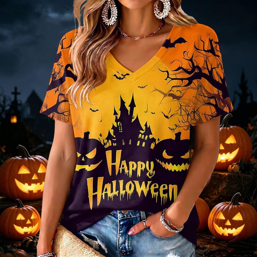 Women's V-Neck Halloween Print Lightweight Blouse for Spring and Summer Casual Wear