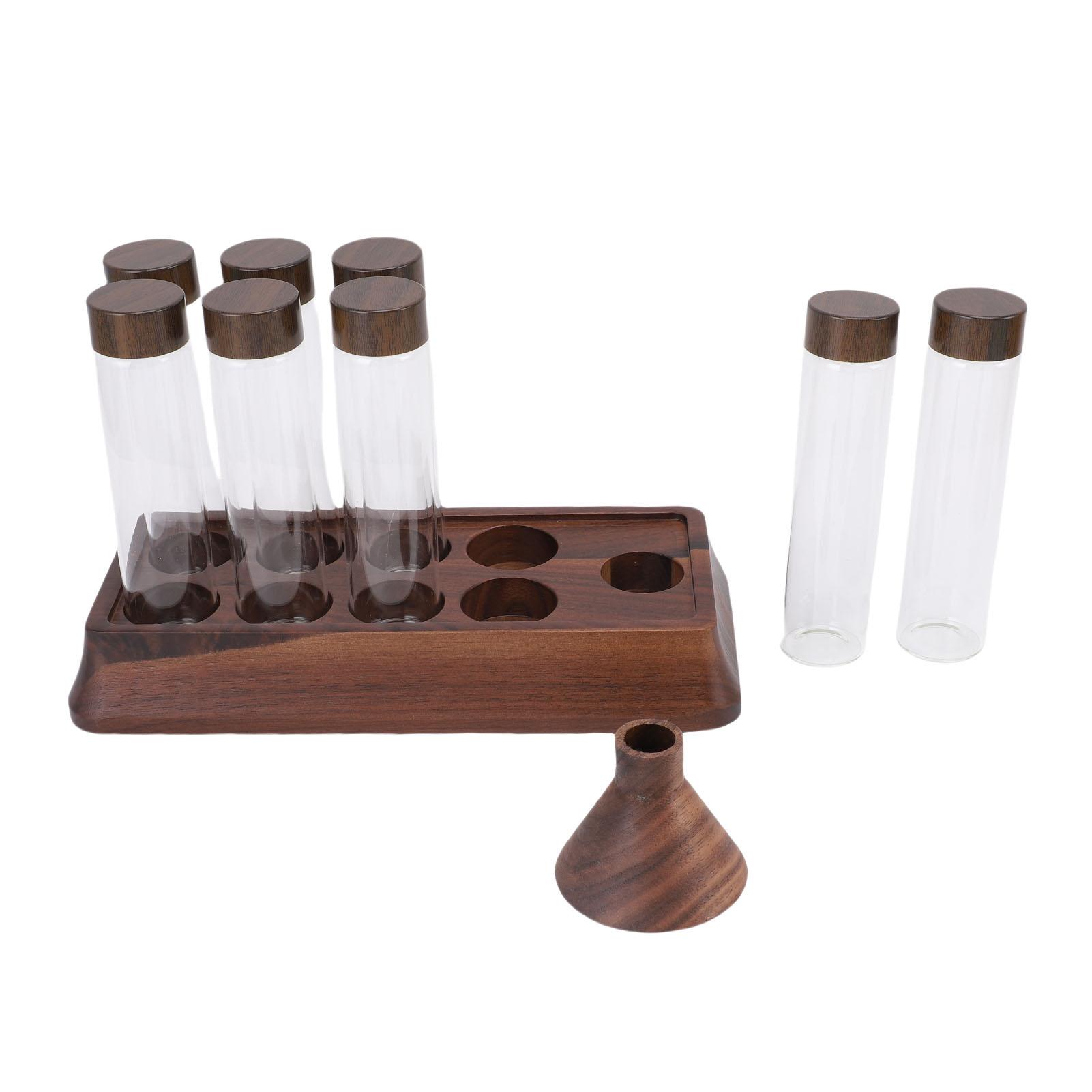 

Coffee Bean Storage Tubes with Walnut Wooden Stand Airtight 8pcs Tubes Glass Dosing Coffee Bean Cellar for Home Shop Bar L