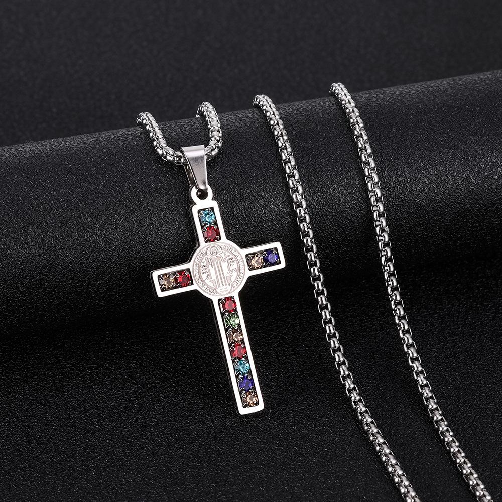 1PC Stylish Stainless Steel Cross Pendant Necklace, St. Benedict Pattern, Multi-Color Artificial Zirconia Embellishment