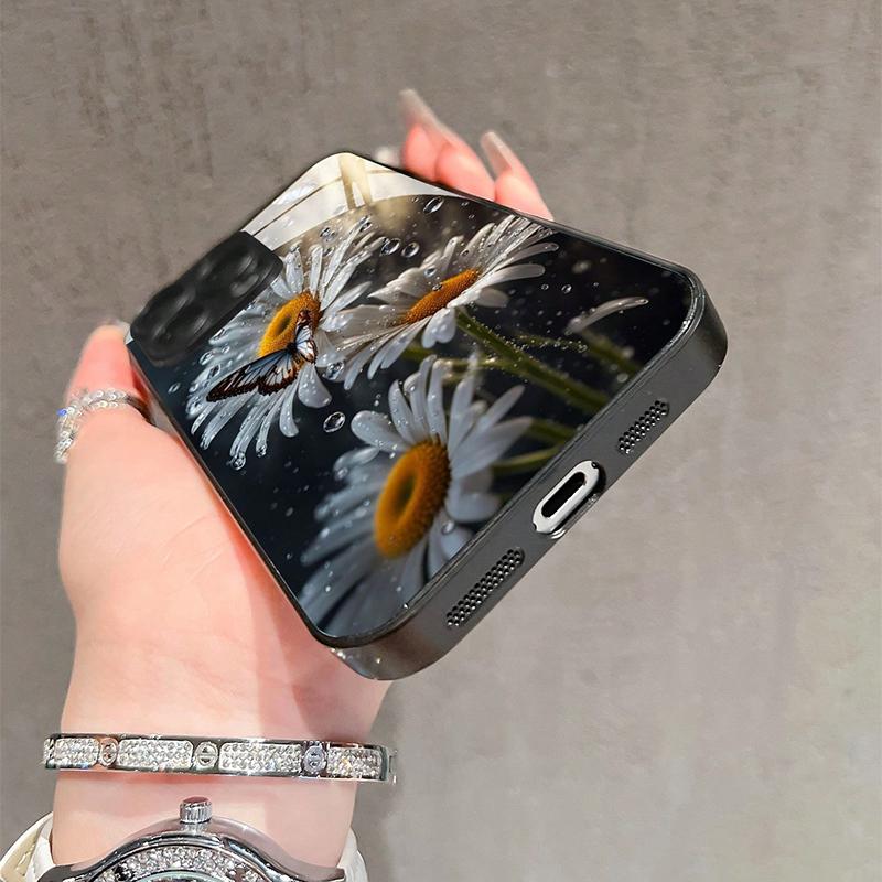 White Daisy Flower Butterfly Pattern Tempered Glass Phone Case For iPhone 16 17 15 14 13 12 11 Pro Max 16E 7 Plus XR XS X Cover