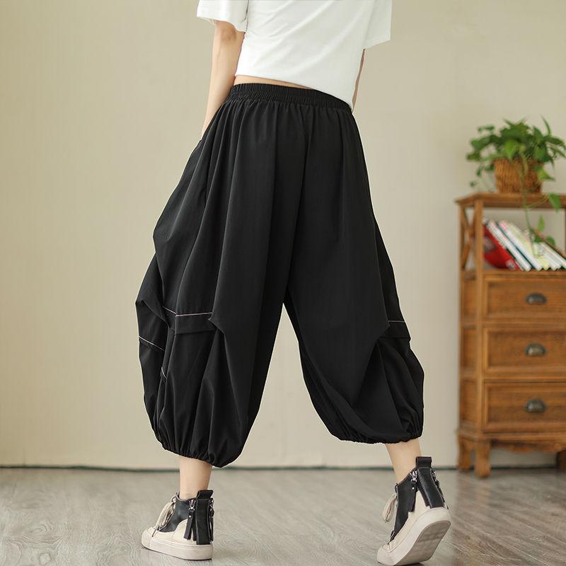Design Sense Pleated Seven Quarter Pants for Women In Summer Loose Fit High Waisted Wide Leg Lantern Pants