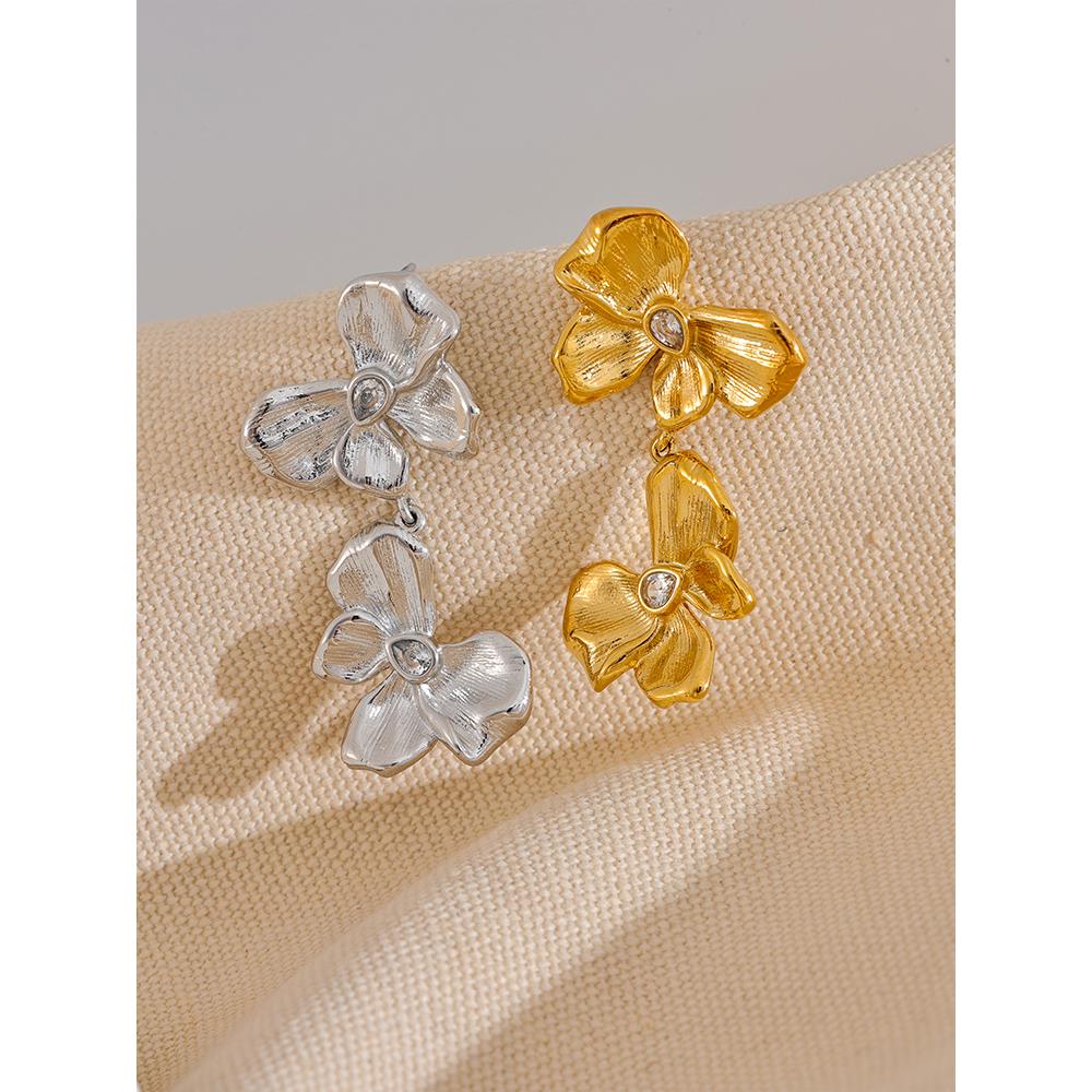 Yhpup Stainless Steel Metal Flower Bow Knot Drop Dangle Earrings High Quality CZ Waterproof Statement Jewelry for Party