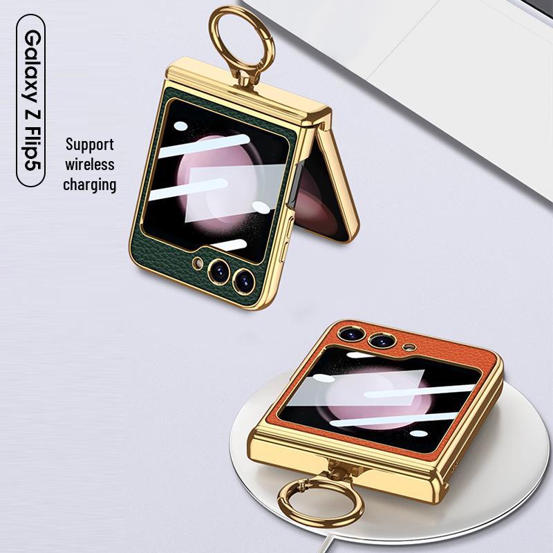 ZFlip5 Magnetic Hinge Leather Ring Case - Foldable Screen, Creative & Simple Design