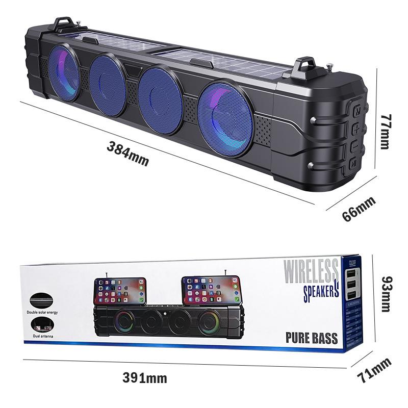 Tragbarer Solar-Bluetooth-Lautsprecher mit UKW-Radio, Doppelantennen, 2×5W-Treibern, RGB-Beleuchtung, USB-/TF-Kartenunterstützung, 1200mAh-Akku, Kabellose Soundbar