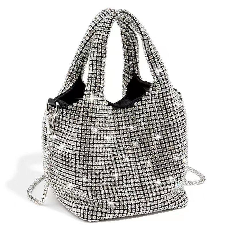 Fashion Rhinestone Small Bucket Bag for Women Sling Shoulder Crossbody Bag with Diagonal Chain Stylish Ladies Handbag