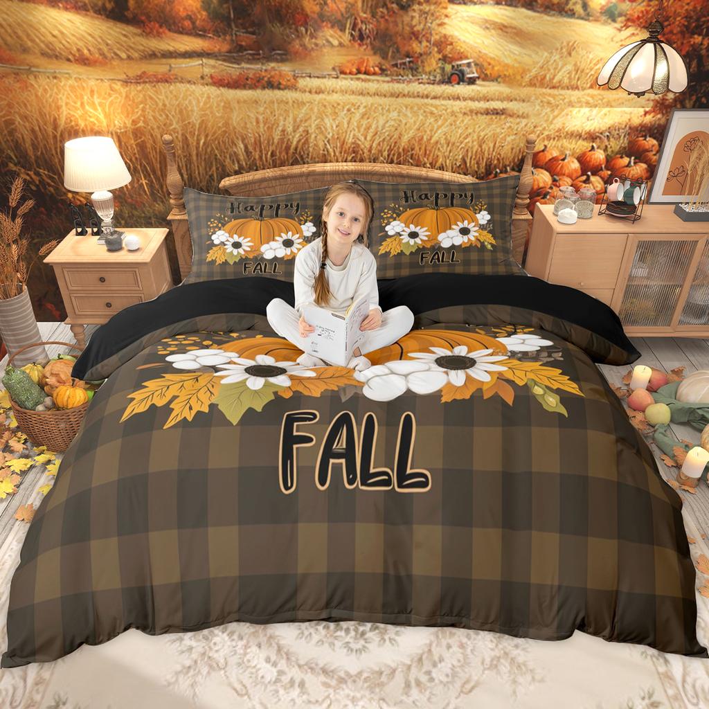 Homewish Happy Thanksgiving Day Duvet Cover Set Autumn Pumpkin Bedding Set Kawaii Turkey Fall Gnome Comforter Cover Set