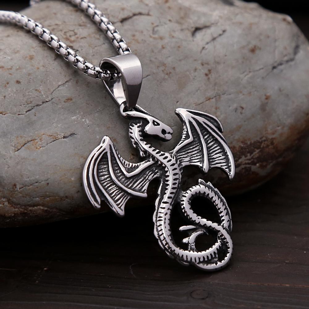 Punk Vintage Flying Dragon Pendant Necklace for Men Women Biker Stainless Steel Pterosaur Choker Necklaces Charm Jewelry Gifts