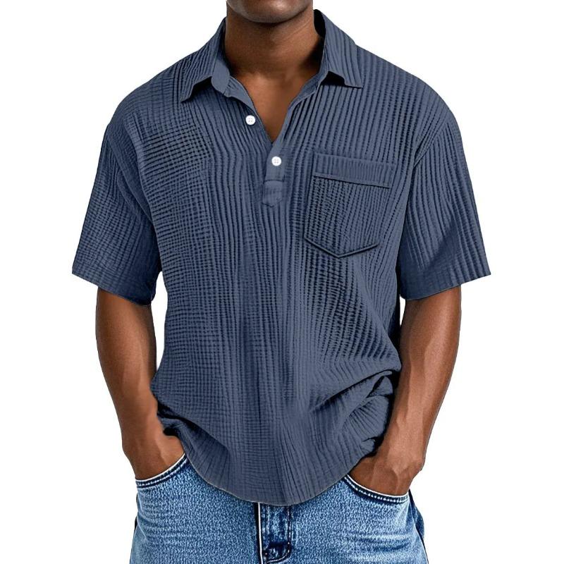 Men Casual Solid Color Waffle Knit Short Sleeve Polo Shirt