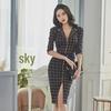 2025 Spring/Autumn Women's Retro Plaid Mid-Length Slit Dress