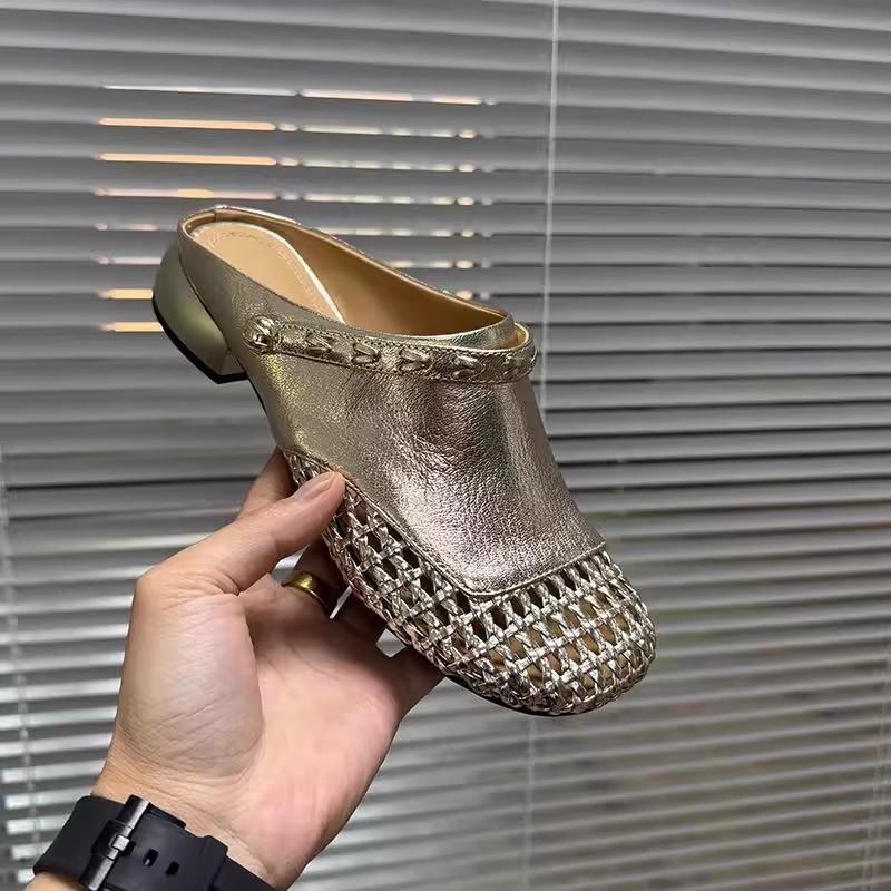 

Французские плетеные тапочки с открытой пяткой, женская уличная обувь 2025, новые ленивые тапочки-трансформеры с внутренней платформой 40 золотой