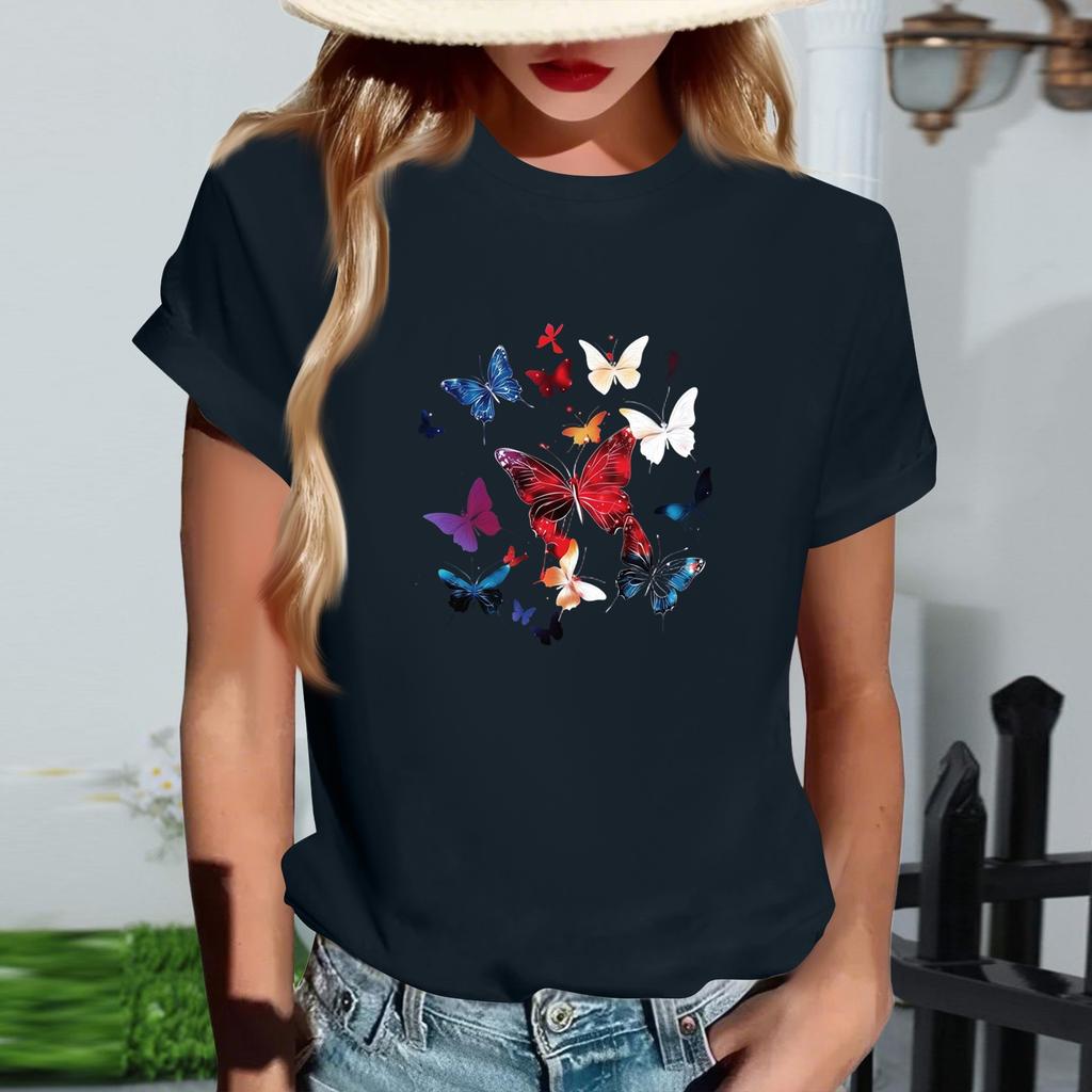 Women's Fashionable Round Neck Casual Retro Print Short Sleeved T-shirt Top
