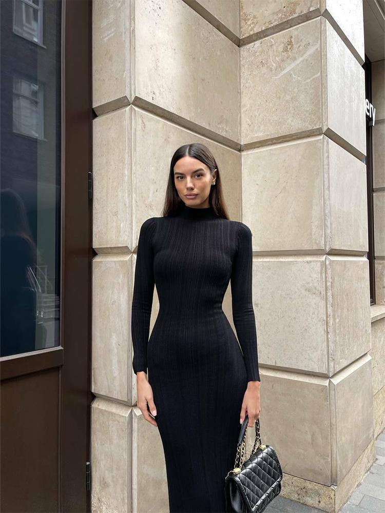 Turtleneck Knitted Women Dresses Sexy Solid High Waist Hip Package Lady Dress Elegant Long Sleeve Slim Female Vestidos