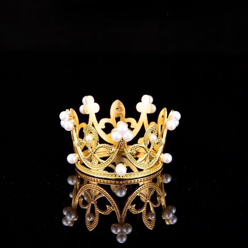 Creative Mini Crown Cake Topper With Metal Pearl Crystal Design For Wedding Engagement Party Decor Kids Birthday Cake Decoration