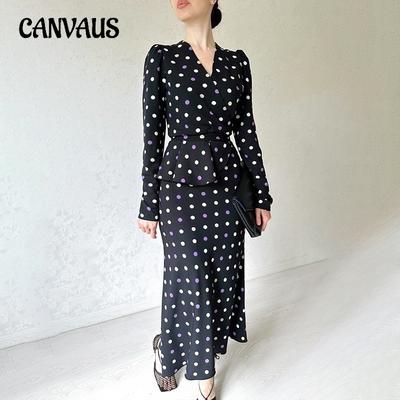 Spring and Autumn Women's Dress Chic French Polka Dot Dress Temperament V-neck Hip Dress Tie Waist Thin Bottoming Skirt