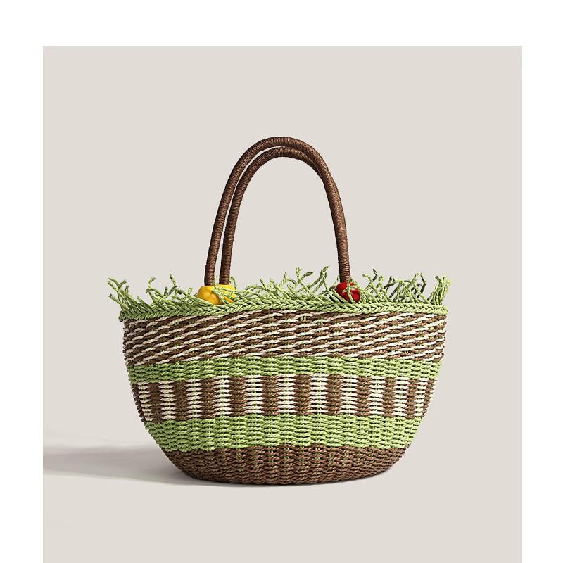 

Fruit Picnic Vegetable Basket Portable Tote Bag Women Large Capacity Color Contrast Beach Vacation Handmade Woven