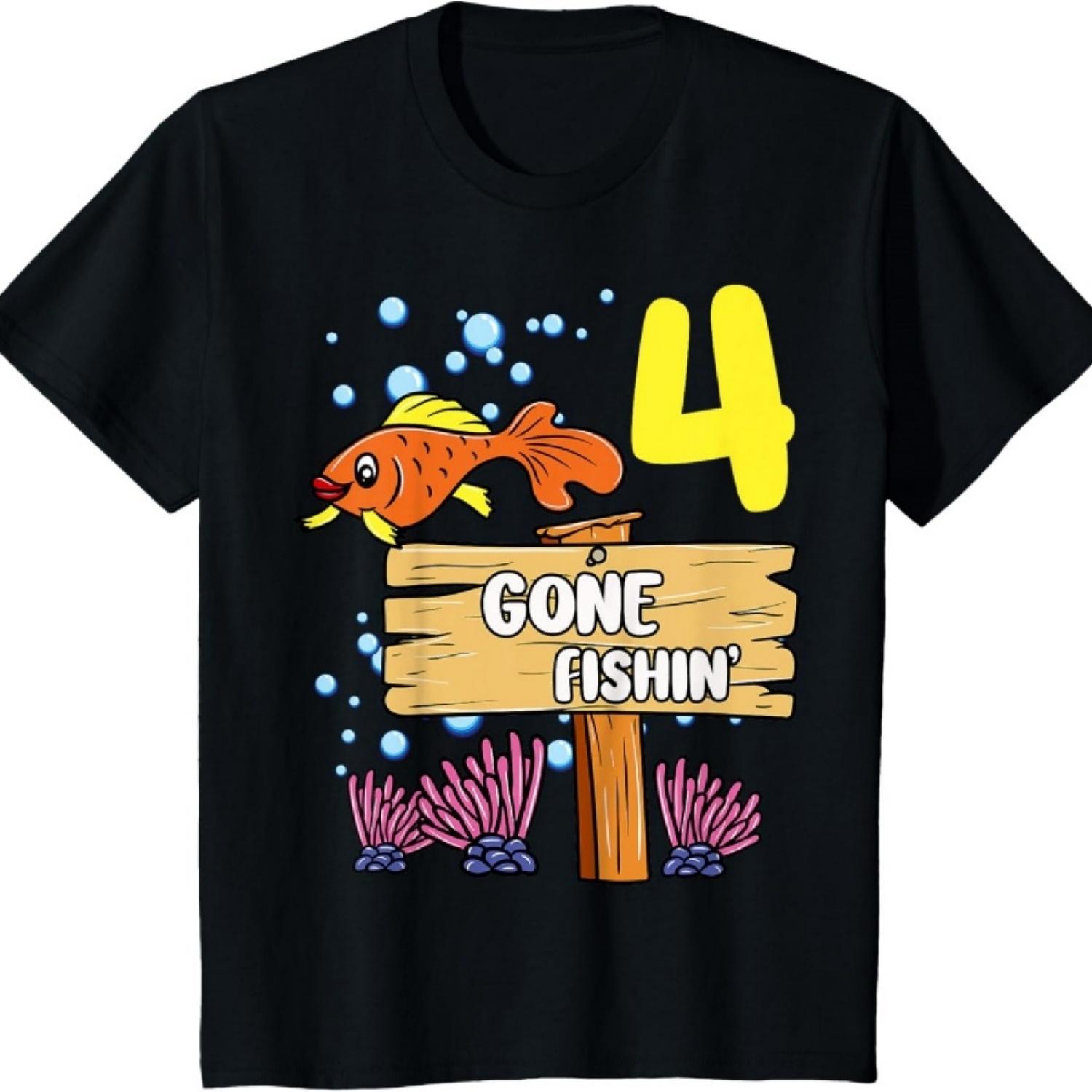 Детский 4-й день рождения Gone Fishin  Знак Подводный океан Мальчики Девочки Футболка S