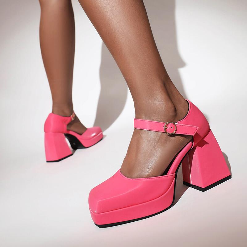 Sepatu Wanita Gesper Hak Tinggi Super Tebal Platform Sandal Kaki Persegi Tali Pergelangan Kaki Kulit Asli Wanita Musim Panas Hitam 2025
