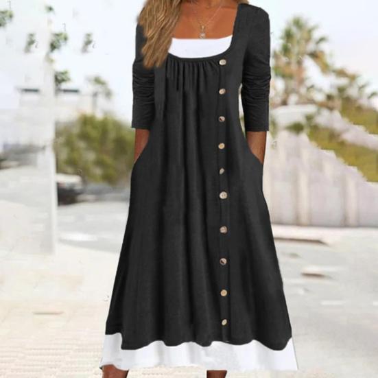 

Женское платье из двух частей контрастного цвета, трапециевидной формы со свободным подолом, карманами, круглым вырезом и длинными рукавами, лоскутное платье с пуговицами, женское платье миди