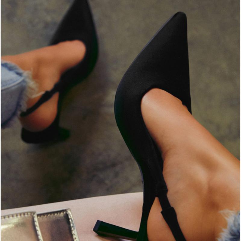Spring Summer Fashion Solid Flock Thin High Heel Ankle Slingbacks Elastic Band Slip-On Career Party Dress Pumps 35-42