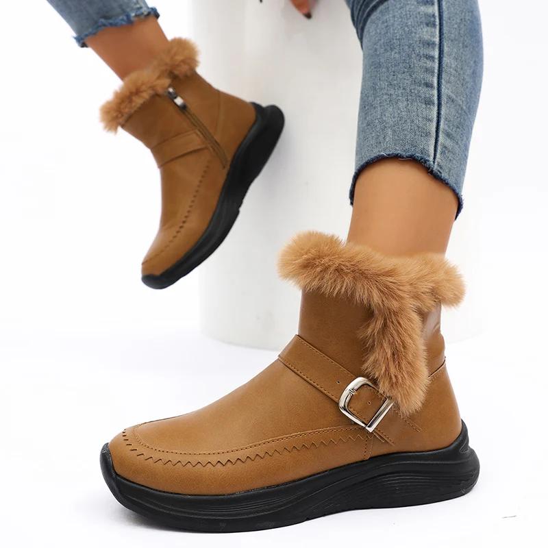 Women's Warm Winter Ankle Boots with Fur 2025 PU Leather Waterproof Snow Boots Woman Thick Plush Non Slip Cotton Shoes Plus Size