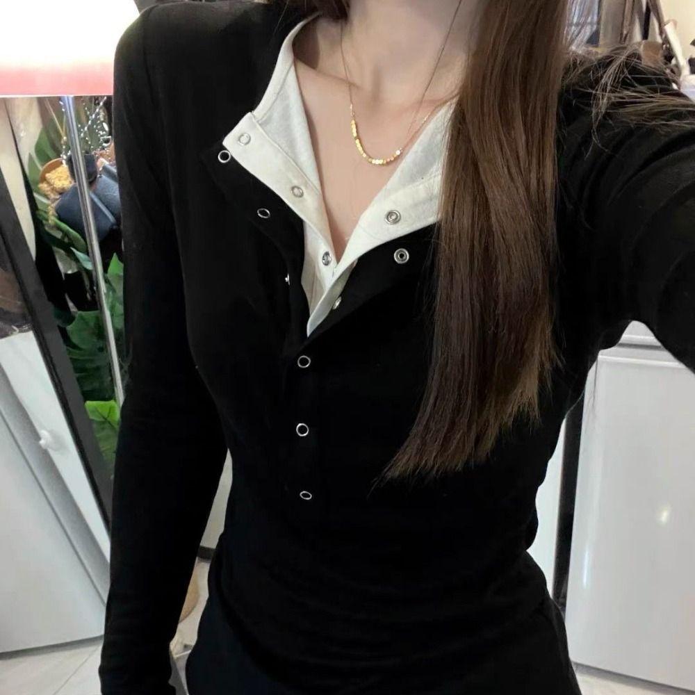 Patchwork Fake Two-Piece T-Shirt V-Neck Women's Layering T-Shirt Long Sleeve Top Spring Season