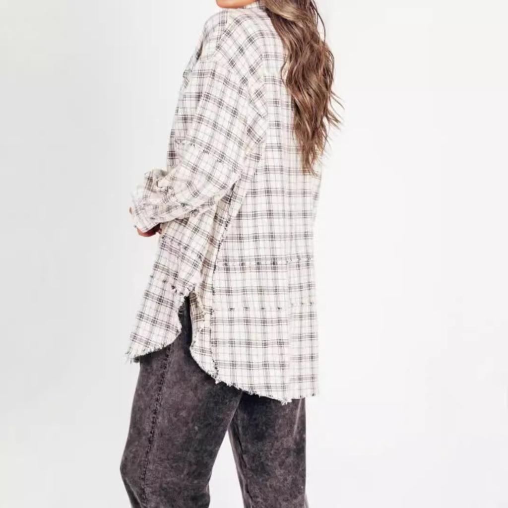 Womens Autumn and Winter Updated Style Rosted Lantern Sleeve Comfortable Fit Plaid Blouse