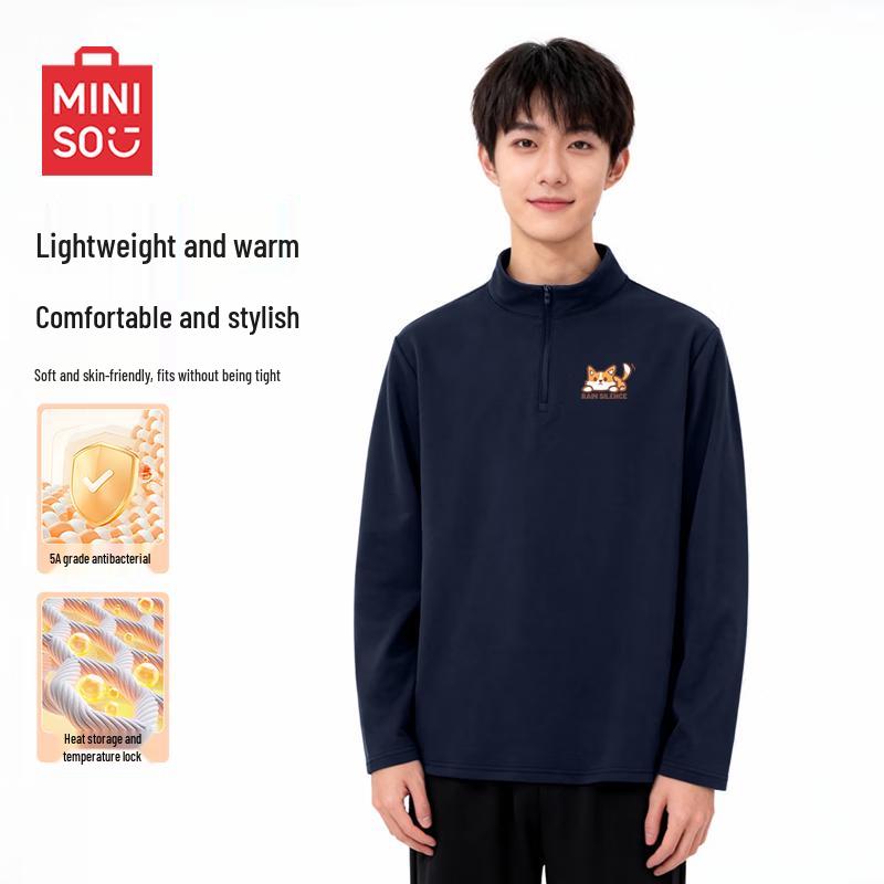 MINISO Men's Fleece-Lined Half-Zip Long Sleeve T-Shirt