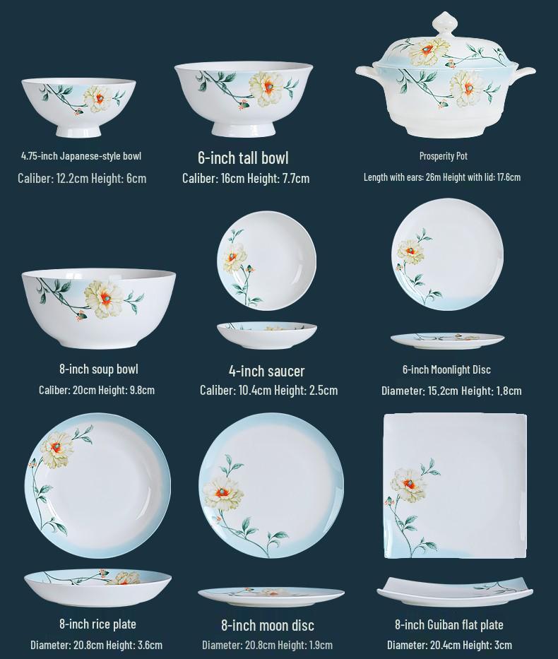 Tangshan Bone China New Chinese Style Tableware Set: Bowls and Plates Collection