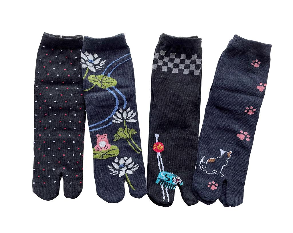Tabi Cute Japanese Cotton Length Set of 4 of Your Women's Socks, Pattern, Blend, Heeled, Short, 23-25cm, (Pattern Choice)