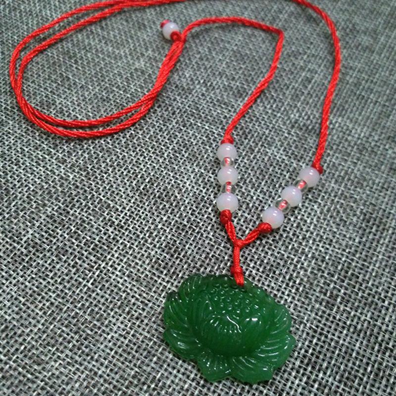 Buddhist White Jade Hand Woven Pendant Necklace Lotus Guanyin Buddha Long Life Lock Pendant Lucky Necklace
