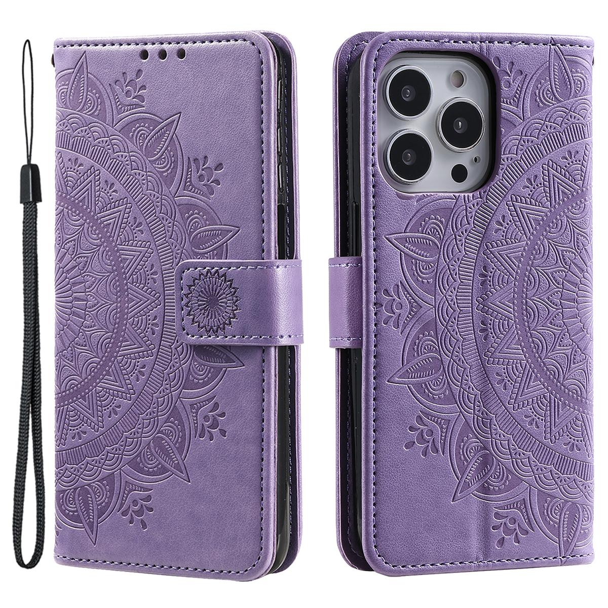 

For iPhone 16 Pro Stand Case Imprinted Totem PU Leather Wallet Phone Cover Purple
